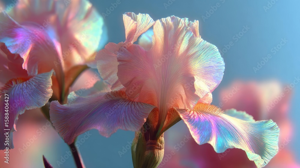 Poster iris transition for minimal flare concept. delicate irises with shimmering hues in a soft blue backg