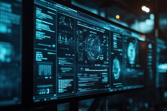 Data analysis dashboard displaying real-time insights in a high-tech environment with futuristic graphics