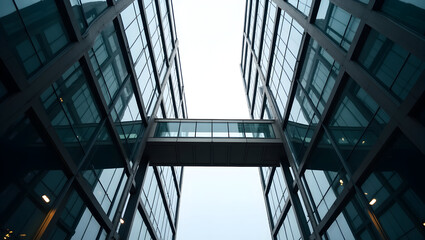 Building Perspective shot of a skybridge connecting two glass buildings, captured from ground level with light streaks