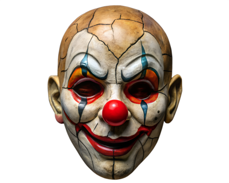 Creepy cracked clown mask with red nose and dark empty eyes isolated on transparent background