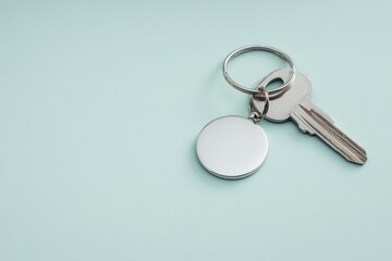 Top-down shot of an apartment key on a blue background