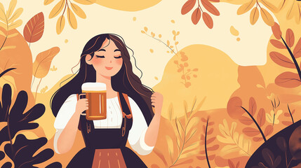 Young woman in traditional dirndl holding beer mug in autumn landscape  