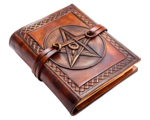 Antique leather grimoire with pentagram and occult symbols isolated on transparent background