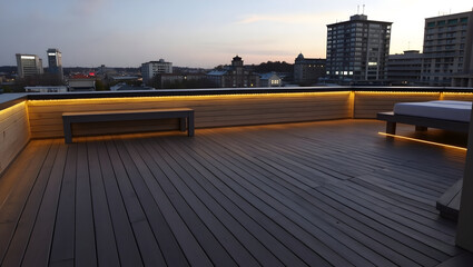 Fototapeta premium Building Scenic rooftop deck built with dark wood panels and embedded LED strips along the edges