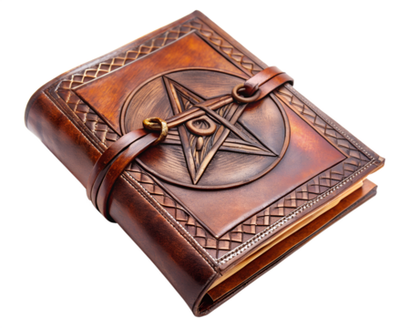 Antique leather grimoire with pentagram and occult symbols isolated on transparent background