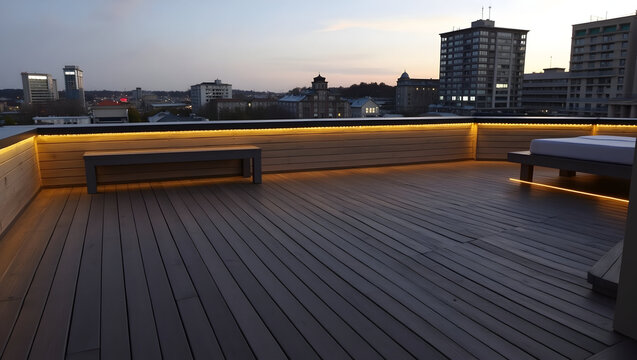 Building Scenic rooftop deck built with dark wood panels and embedded LED strips along the edges - Powered by Adobe