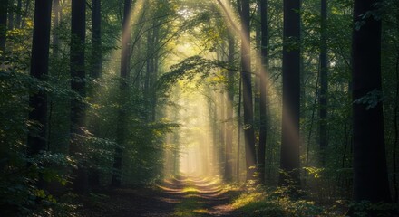 Fototapeta premium Sunlight streams through a dense forest, illuminating a path and creating a serene, ethereal atmosphere.