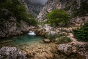 Serene mountain stream with turquoise pool
