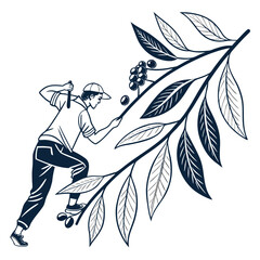 Fototapeta premium Skateboarding Pursuit: A dynamic illustration captures a skater navigating a winding branch, their form etched with determination. The illustration embodies energy, movement.