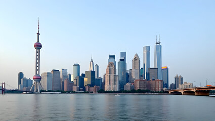 Obraz premium Building Skyline with a mix of heritage and modern towers seen from across a river, with reflections on the water surface