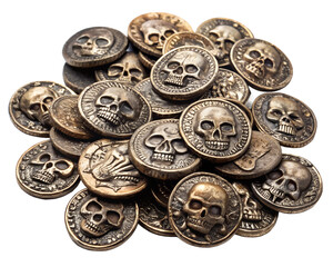A pile of antique metal coins featuring detailed skull designs isolated on transparent background