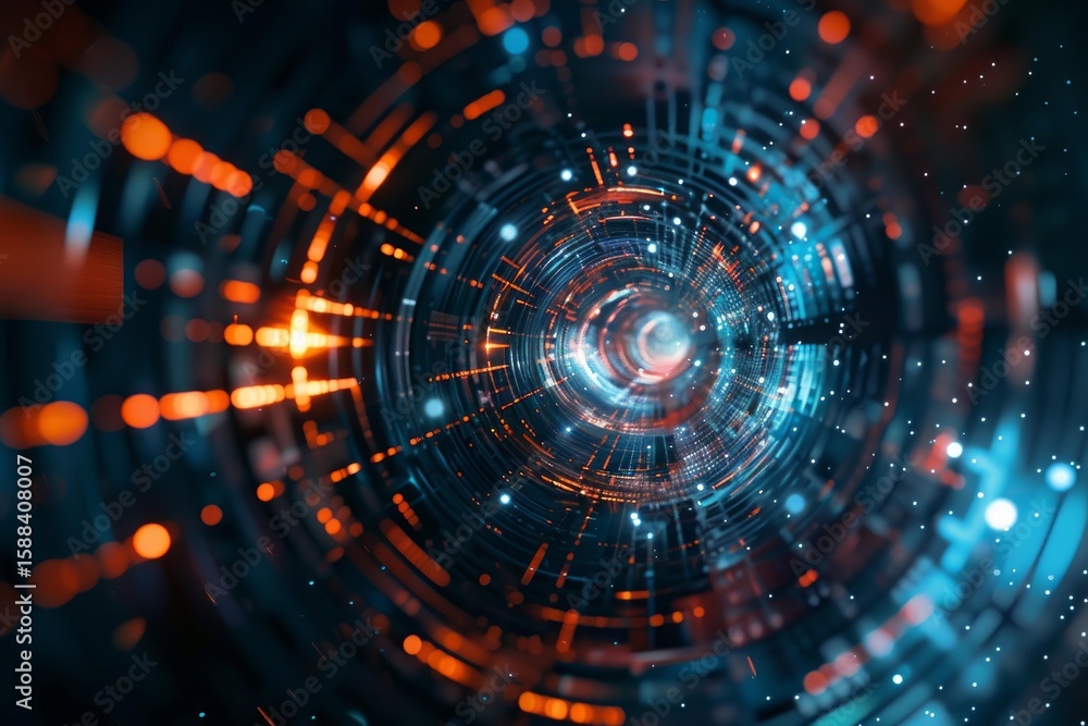 Poster exploring the futuristic cybernetic digital technology tunnel with abstract vortex, neon glow, and h