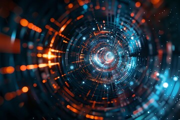 Obraz premium Exploring the futuristic cybernetic digital technology tunnel with abstract vortex, neon glow, and hightech connectivity concept in 3d rendering illustration