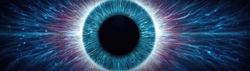 Iris transition for minimal flare concept. A striking illustration of an eye with radiant energy bursts.