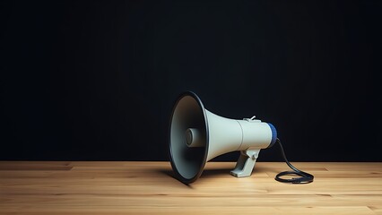 Megaphone placed on a wooden surface against a dark background.