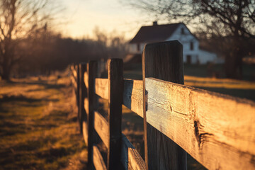 Wooden fence in a rural landscape. Misty autumn morning at sunrise. Defocused photo, bokeh background.