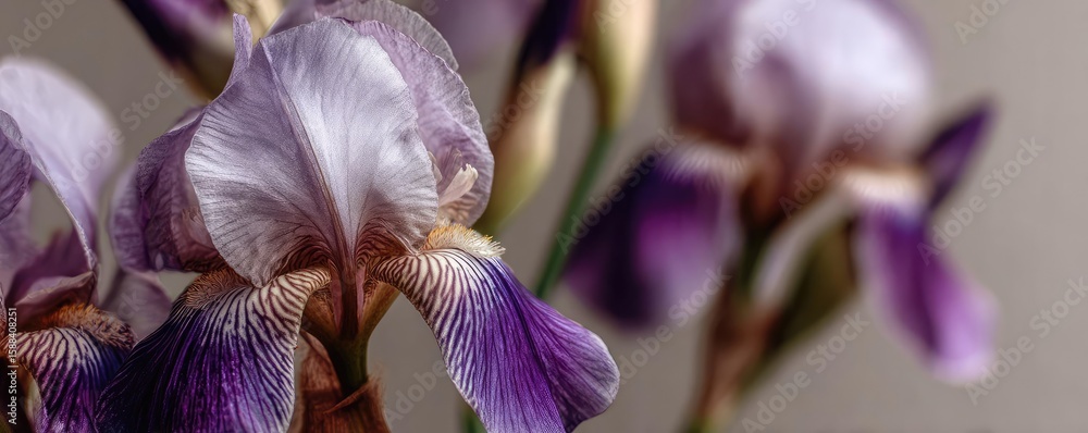 Poster iris transition for minimal flare concept. close-up of beautiful purple orchids showcasing intricate