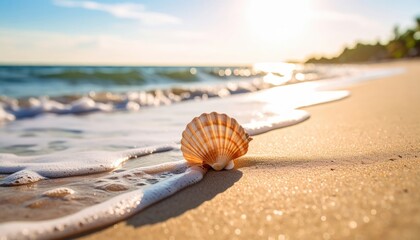 Obraz premium Seashell On Golden Sand Beach At Sunrise