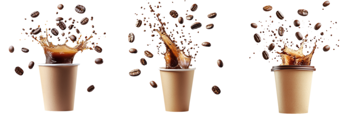 Set of paper coffee cups mockup in a splash of coffee with coffee beans isolated on transparent background PNG