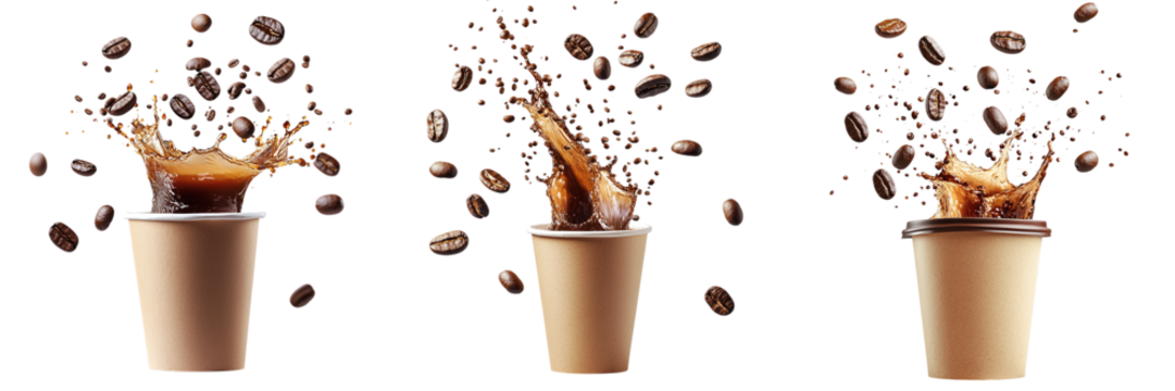 Set of paper coffee cups mockup in a splash of coffee with coffee beans isolated on transparent background PNG
