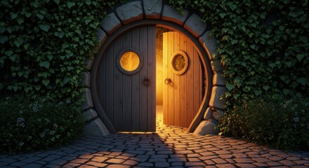 Fototapeta premium Round Wooden Door with Small Circular Windows Opening to Warm Light in Green Garden Setting