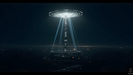 Building Urban satellite station emitting light beams upward in a dark futuristic landscape