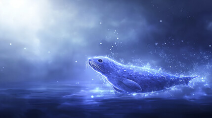 Magical glowing whale swimming in ocean under starry night sky  