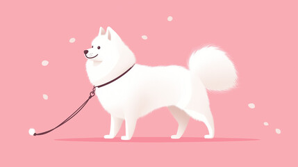 Samoyed dog standing on a pink background with leash attached  