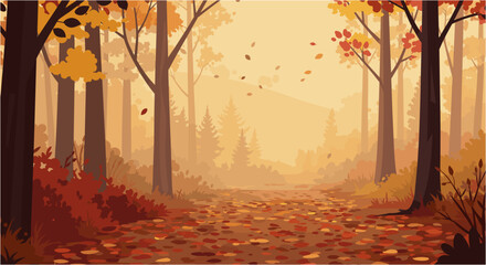 Autumn forest scene with falling leaves and a pathway 