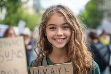 Happy teenage girl holding a poster at a climate protest, advocating for a sustainable and environmentally conscious future, Generative AI