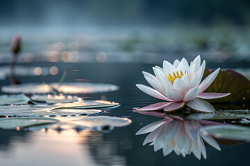 A single white water lily blooms peacefully on a still pond, its perfect reflection creating a serene, meditative scene with soft morning light generative ai