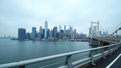 Building Wide skyline photograph from a bridge top, showing city layers across water and complex infrastructure