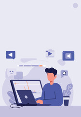 Podcast studio a man recording a show with professional equipment vector illustration