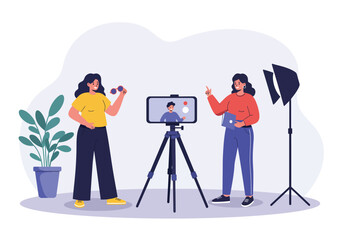 Social media content creators filming video for online platforms, Flat cartoon vector illustration