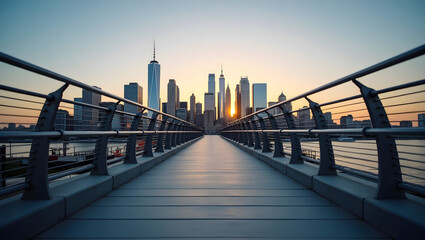 Building Wide-angle city skyline taken from a clean pedestrian bridge with railings framing the glowing urban horizon