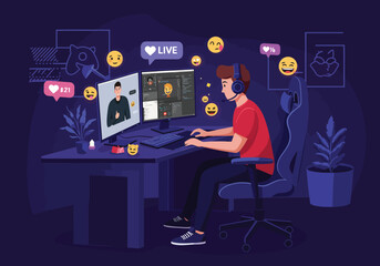 Podcast studio a man recording a show with professional equipment vector illustration