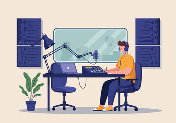 Podcast studio a man recording a show with professional equipment vector illustration