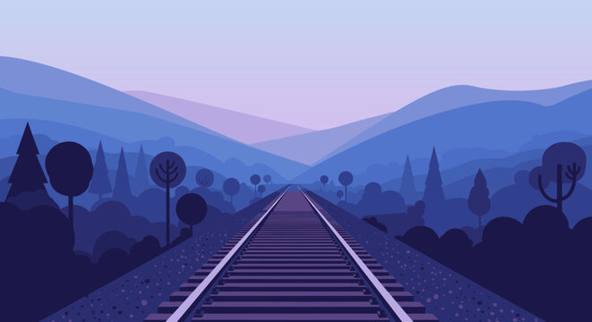 Misty railway track leading through a tranquil landscape at dawn