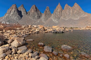 Mountain lake with clear water and jagged peaks