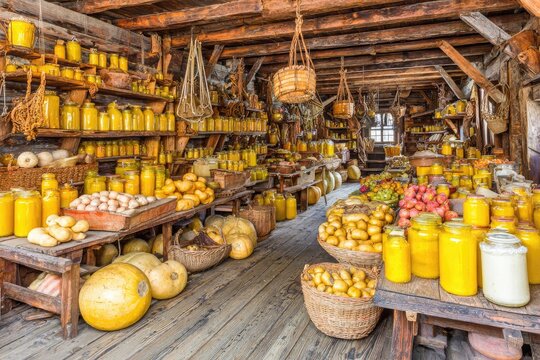 Rustic, vintage grocery store filled with jars of yellow goods and produce