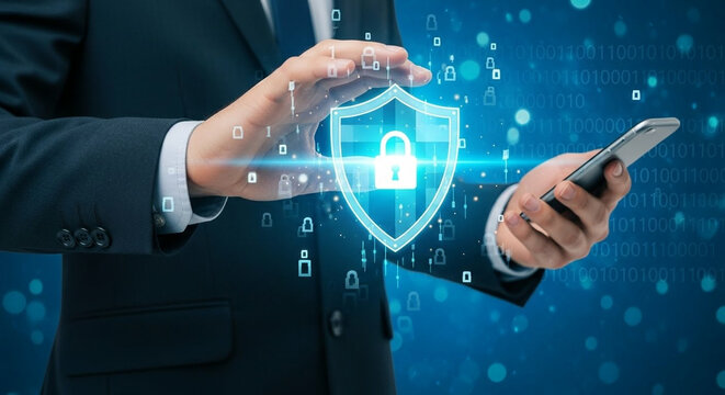 Person holding smartphone with digital shield and padlock for cybersecurity protection