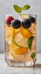 Layered Fruit Trifle with Whipped Cream in Clear Glass