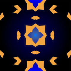 Abstract symmetrical pattern with orange geometric shapes and blue glowing accents on a dark gradient background, evoking a mystical or futuristic feel.
