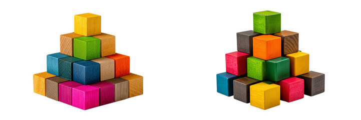 Fototapeta premium Set of colorful wooden cubes stacked in a pyramid shape, isolated on a transparent background.