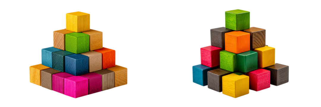 Set of colorful wooden cubes stacked in a pyramid shape, isolated on a transparent background.