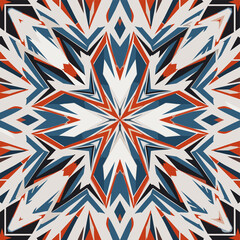 Dynamic abstract seamless pattern with sharp geometric shapes in red, blue, black, and white, resembling an exploding star or tribal design.