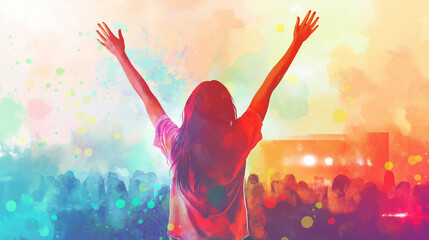 Young woman celebrating with arms raised at a lively public event  
