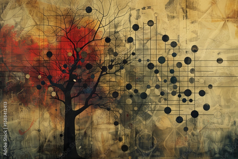 Poster bare tree silhouette is juxtaposed with a geometric pattern, creating a visually striking contrast a