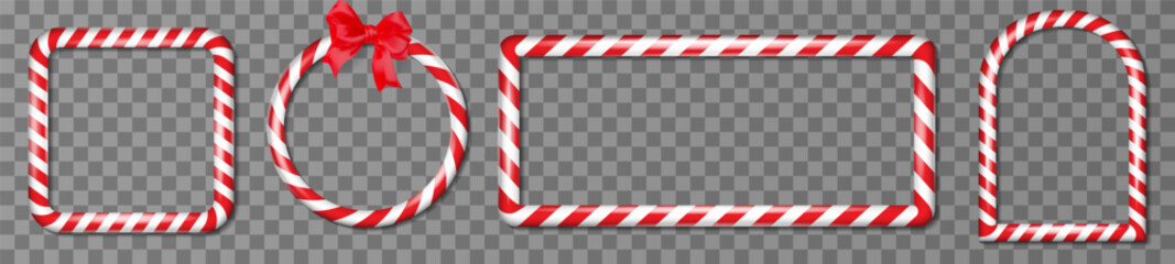 Christmas candy cane frame collection. Set of different shapes borders with red striped. Xmas frames with striped candy lollipop pattern. Christmas and new year vector design elements