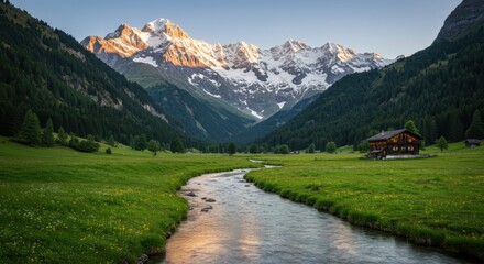 Fototapeta premium Majestic Alpine Meadow with Snow-Capped Peaks and Scenic Valley Views